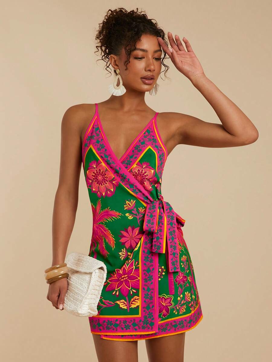 Travachic Women's Wrap Tie Side Floral Print Boho Beach Vacation Dress ,Suitable For Holiday , Afternoon Tea, Wedding Season, Beach Cruise Vacation, City Road Trip Vacation, Boho Vacation, Music Festival , Beachwear, Easter, Beach Outfits For Woman, Elegant Dress For Women, Vacation Outfits Women, Concert Outfit Women, Tropical Vacation Woman Clothes, Holiday Outfits, Bohemian Clothes,For Spring Sunmmer And Autumn