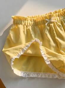 Comfortcana Women's Yellow Gingham Mini Shorts: Casual Woven Fabric Paperbag Waist Shorts With Ruffle Trim - Yellow - View 5