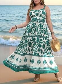 SHEIN Holidaya Abito estivo alla moda, retrò ed elegante, con stampa floreale verde, senza maniche, adatto per vacanze