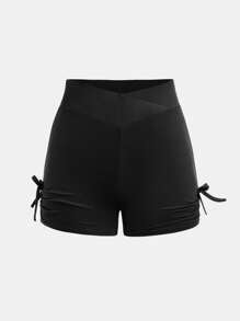 Set de 2 piezas de Licras y shorts ciclistas con cintura fruncida y lazo en estilo deportivo para niñas preadolescentes, ideal para volver al colegio - Multicolor - Ver 7