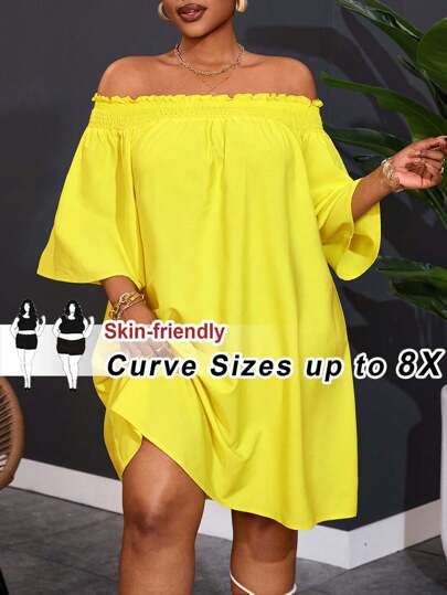 SHEIN CURVE+ Vestido de hombros descubiertos de manga 3/4 talla grande, adecuado para vacaciones, verano, curvas, conjuntos bohemios de vacaciones en la playa para mujer/vestido de playa/conjuntos de vacaciones en la playa/esenciales de playa/graduación/vestido de té