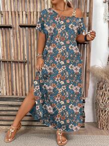 SHEIN LUNE Váy hở vai in họa tiết hoa cỡ lớn, khóa kim loại một bên vai, Bộ sưu tập mới năm 2025, tôn dáng cho phụ nữ có đường cong, Mùa hè - Nhiều màu - Xem 5
