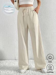 SHEIN Tall Drawstring Waist Slant Pocket Pants - Beige - View 7