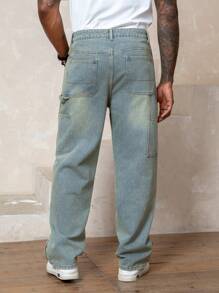 Manfinity Homme Men's Light Wash Denim Carpenter Jeans: Modern Casual Style Long Length Zipper Details And Durable Construction For Everyday Wear - Light Wash - View 2