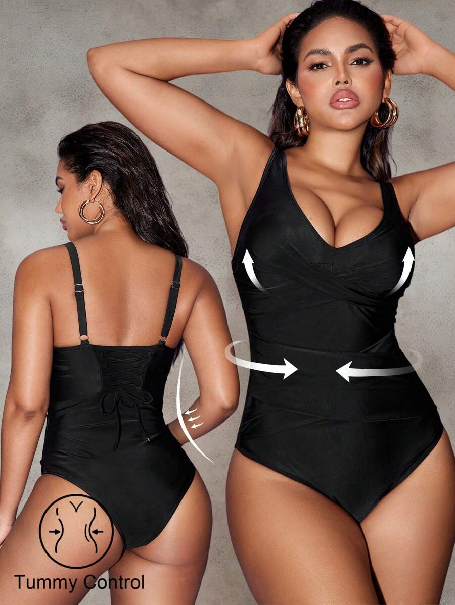 SHEIN Swim 1 pièce Maillot de bain une pièce pour femme avec design croisé de couleur unie - Noir - Voir 1