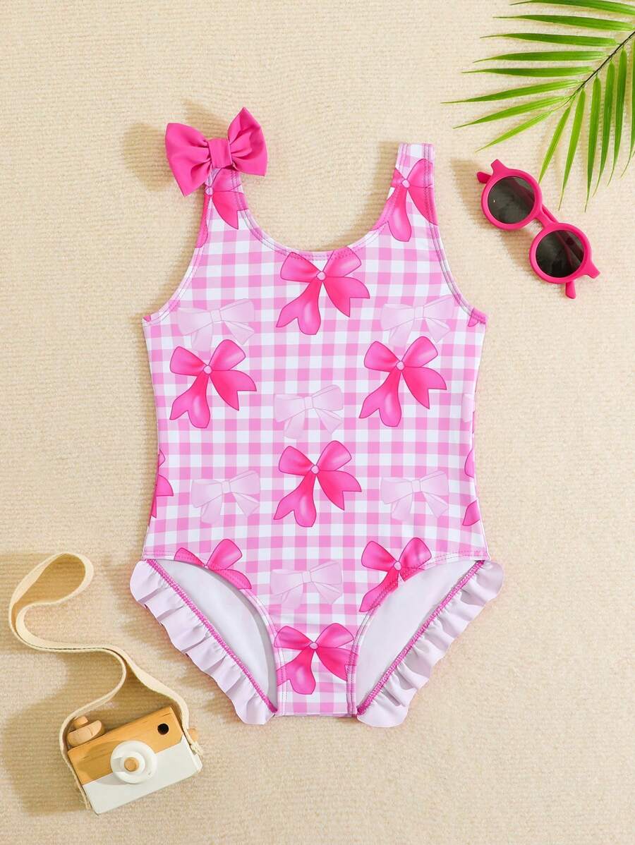 Young Girl Plaid Bowknot Print One-Piece Swimsuit, Vacation Beach Bow Swimming Suit For Girls Bathing Suits For Girls One Price 1 Piece Swimsuits For Girls Bathing Suit For Girls One Piece Bathing Suit For Girls Kids Swimming ,Kids Beachwear - Watermelon Pink - View 1