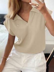 Livesso Women Solid Color Close-Fitting Knit Polo Collar Pullover, Casual For Commuting, Spring/Summer