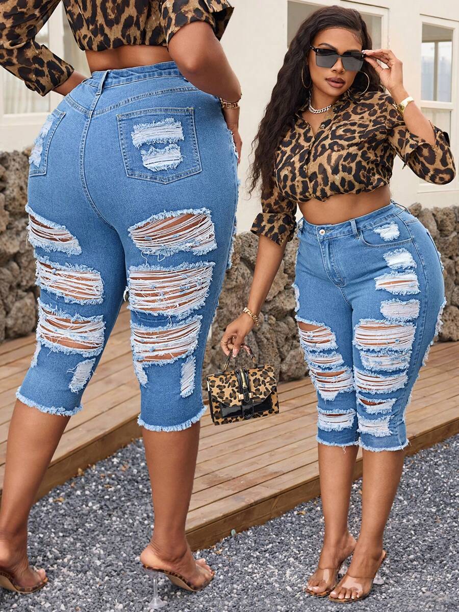 SHEIN SXY Plus Size Women Distressed Skinny 3, 4 Length Jeans Summer For Women Festival Capris For Women - Medium Wash - View 1