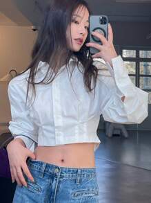 DAZY Women's Solid Color Tie-Waist Cropped Long Sleeve Shirt, White, Spring/Summer/Autumn