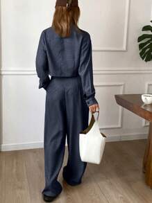 DAZY 女士休闲两件套，纯色宽松短袖衬衫和阔腿裤，春夏秋季家居服套装