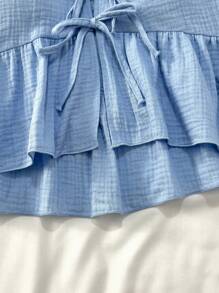 SHEIN Conjunto de top con chaleco de cárdigan con volantes y lazos y shorts de línea A con cintura con lazo, de color azul texturizado, suave y amigable con la piel, para adolescentes, ropa de verano, atuendos de vacaciones, atuendos de playa, ropa de estar en casa, vacaciones en el campo