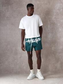 SUMWON 涂鸦标志印花运动低裆运动短裤，抽绳腰部，休闲运动都市街头篮球健身跑步训练短裤 - 墨綠色 - 查看 3