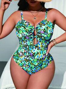 Swim Mod Plus Size One-Piece Colorful Floral Print Ruffle Trim Halter Hollow-Out Swimsuit With Thick Shoulder Straps, Casual Beach Vacation Summer Swimming Pool Wear For Women - Multicolor - View 1