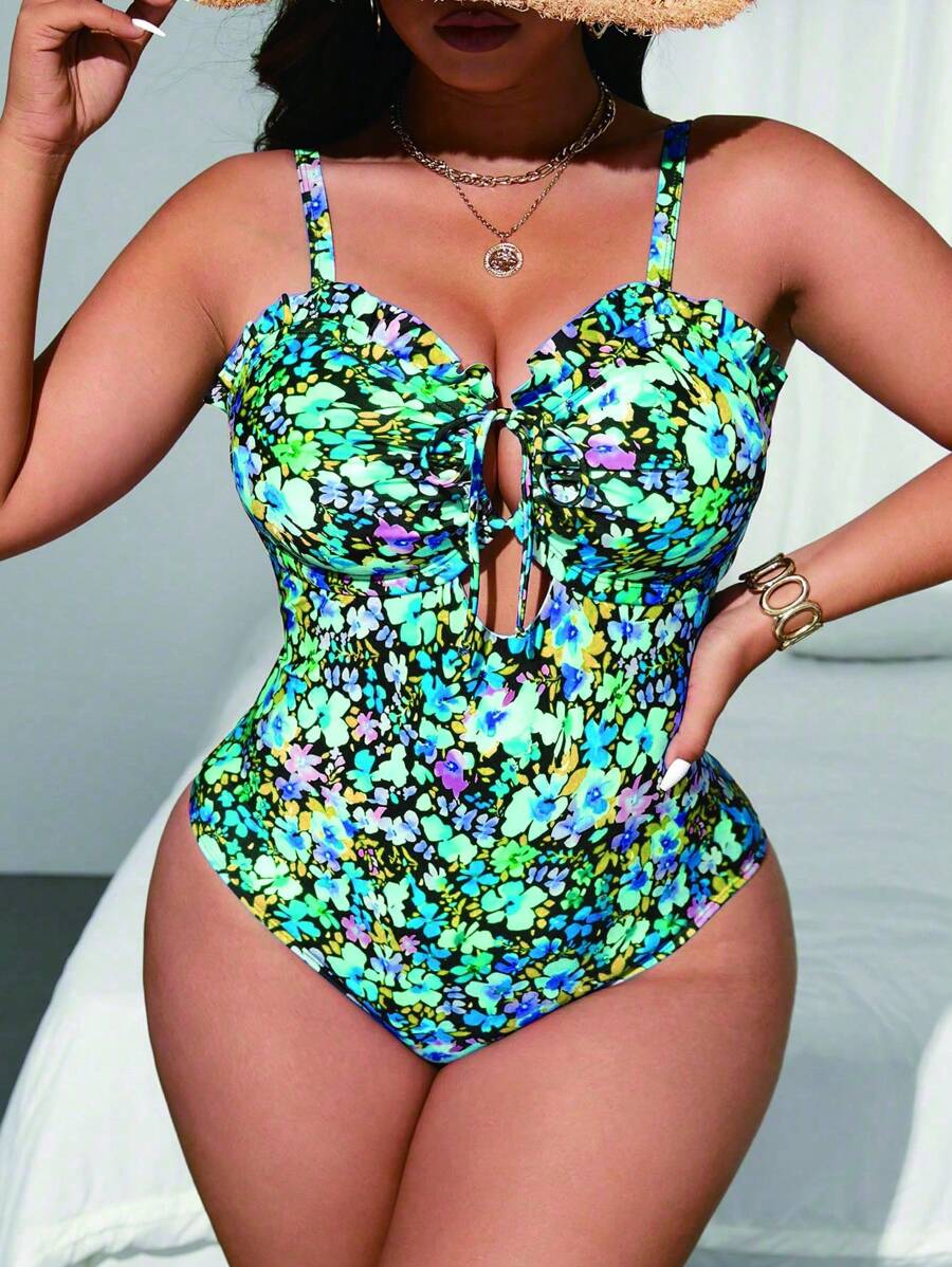 Swim Mod Plus Size One-Piece Colorful Floral Print Ruffle Trim Halter Hollow-Out Swimsuit With Thick Shoulder Straps, Casual Beach Vacation Summer Swimming Pool Wear For Women - Multicolor - View 1