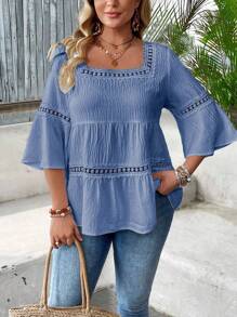 SHEIN Clasi 大码女式度假纹理竹节领荷叶边喇叭袖衬衫