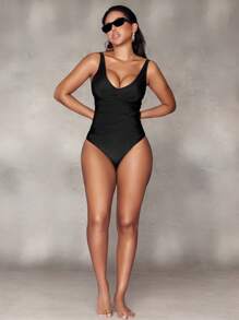 SHEIN Swim 1 pièce Maillot de bain une pièce pour femme avec design croisé de couleur unie - Noir - Voir 5