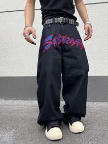 Manfinity EMRG Men's Letter Print Front Pocket Loose Denim Overalls Wide Leg Long Pants - Black - View 2