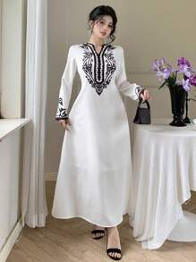 DAZY 女士度假花卉印花V领长袖优雅连衣裙，返校服装 - 白色 - 查看 3