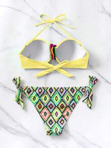 Swim Vcay 女士夏季海滩几何印花吊带性感比基尼套装，聚拢加厚，随机印花 - 彩色 - 查看 5