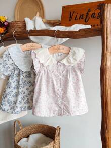 Vintaside Kids Baby Girl Peter Pan Collar Ditsy Floral Short Sleeve Top, Simple And Versatile Design, Perfect For Casual And Leisure Wear In Spring And Summer - Multicolor - View 1