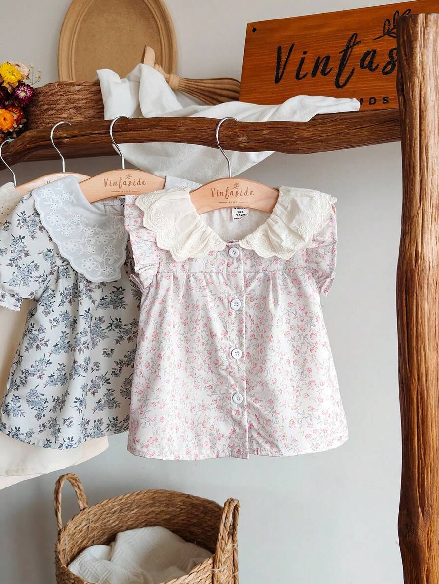 Vintaside Kids Baby Girl Peter Pan Collar Ditsy Floral Short Sleeve Top, Simple And Versatile Design, Perfect For Casual And Leisure Wear In Spring And Summer - Multicolor - View 1