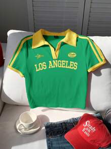Comfortcana Camiseta ajustada de cuello polo con estampado de colores contrastantes en estilo vintage para mujer