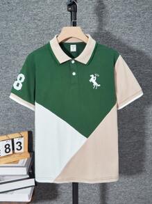SHEIN Camisa tipo polo para niño preadolescente, con de color y bordado de letras, de manga corta con estilo deportivo y de moda