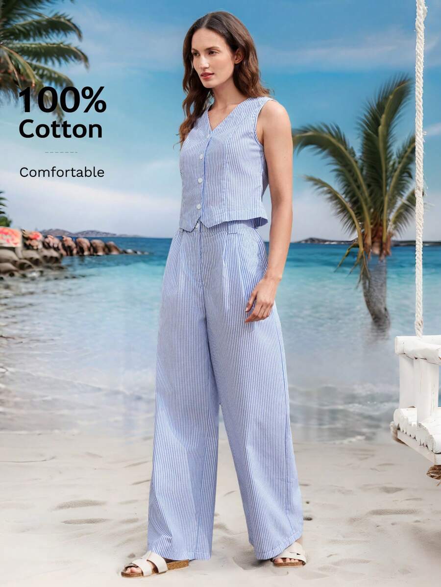EMERY ROSE Women 2pcs Set Single Breasted Striped Vest & Pants, Casual - Blue and White - View 1