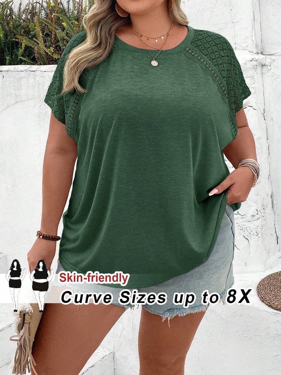 SHEIN CURVE+ Kaos Polos Kasual Ukuran Besar dengan Hiasan Renda, Cocok untuk Musim Panas, Gaya Pedesaan, Liburan Pantai, dan Pakaian Pantai. - Hijau - View 1