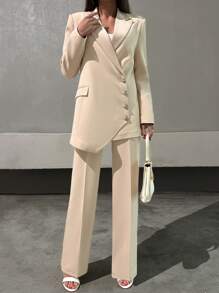 EURMUSE Women's Solid Asymmetrical Detailed Elegant Suit Set - Beige - View 1