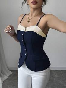 Elenzga Débardeur court tricoté avec fermeture à boutons, décolleté aux épaules, style blocs de couleurs bleu et blanc pour femmes