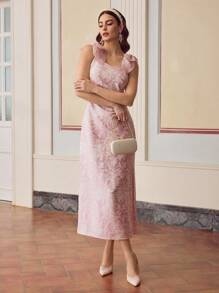 ZEYLAH Đầm dài xẻ tà không tay thắt nơ họa tiết jacquard - Hồng - Xem 7