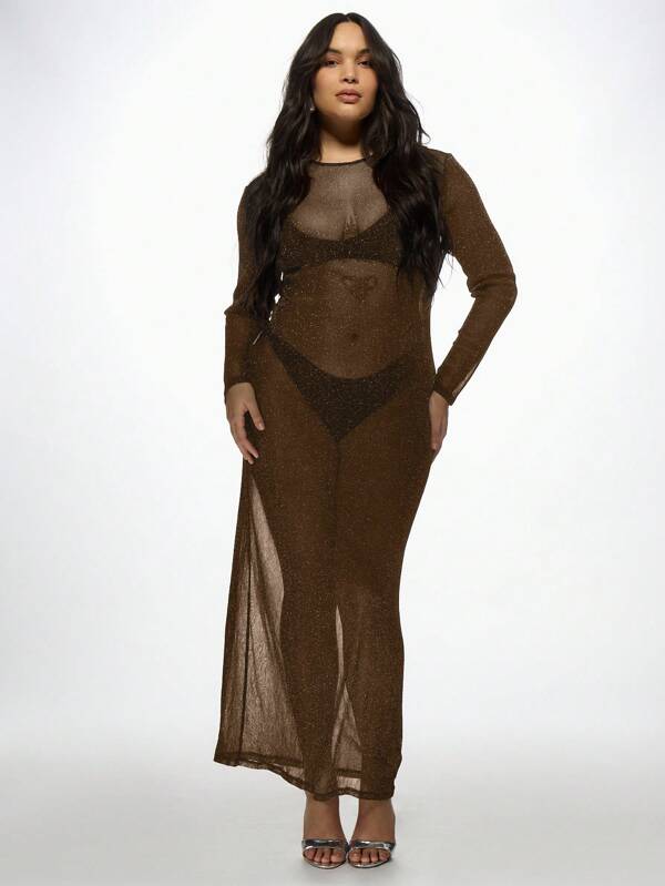 MISSGUIDED MISSGUIDED PLUS Plus Size Sheer Mesh Sparkle Evening Maxi Dress Long Sleeve Form Fitting Party Special Occasion Split Side Glitter Bodycon Full Length Holiday Gown