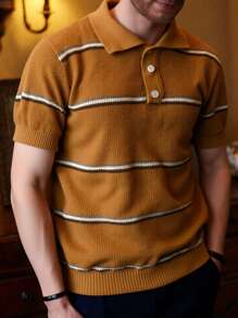 Manfinity Homme 男士条纹短袖休闲 Polo 针织毛衣 - 亮橙色 - 查看 5