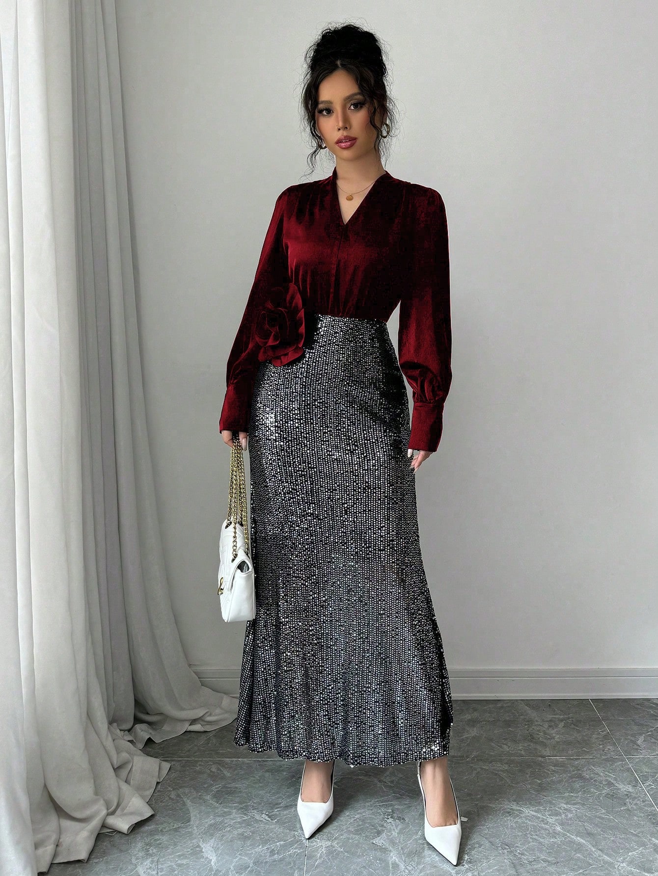 Rafferiza فستان أنيق فرنسي الطراز بياقة حرف V وتقط...