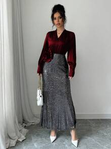 Rafferiza 法式优雅设计V领拼接亮片3D玫瑰装饰长袖秋冬女装 - 彩色 - 查看 4
