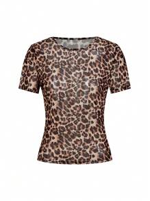 Ellevyn Elegante camicetta da donna sexy con stampa leopardo in in rete, manica regolare, colletto alto, vestibilità slim, stampa all-over, leopardato, motivo texture, abbigliamento casual da ufficio, abbigliamento vacanze, abbigliamento spiaggia, abbigliamento resort