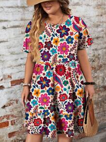 EMERY ROSE Váy dài tay ngắn cổ tròn in hoa rộng rãi cho lễ hội âm nhạc cỡ lớn, phù hợp cho mùa xuân/hè - Nhiều màu - Xem 6