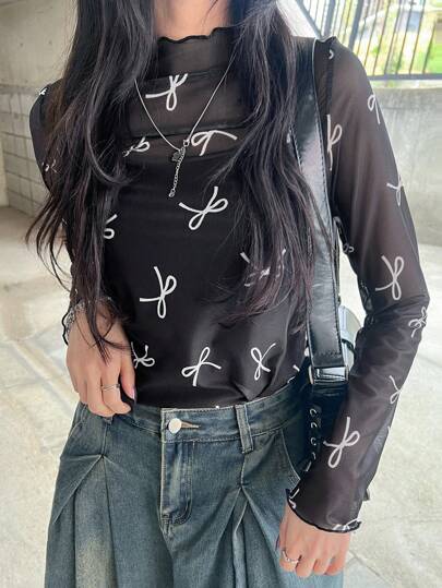 FRIFUL 女士蝴蝶结图案网眼长袖衬衫，秋季服装