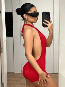 SHEIN ICON Cross Back Deep V-Neck Sexy Bodycon Jumpsuit - Red - View 6