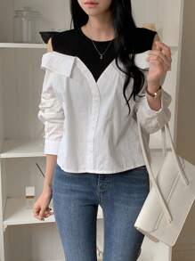 DAZY Women Color Block Long Sleeve Off Shoulder Blouse Summer - White - View 6