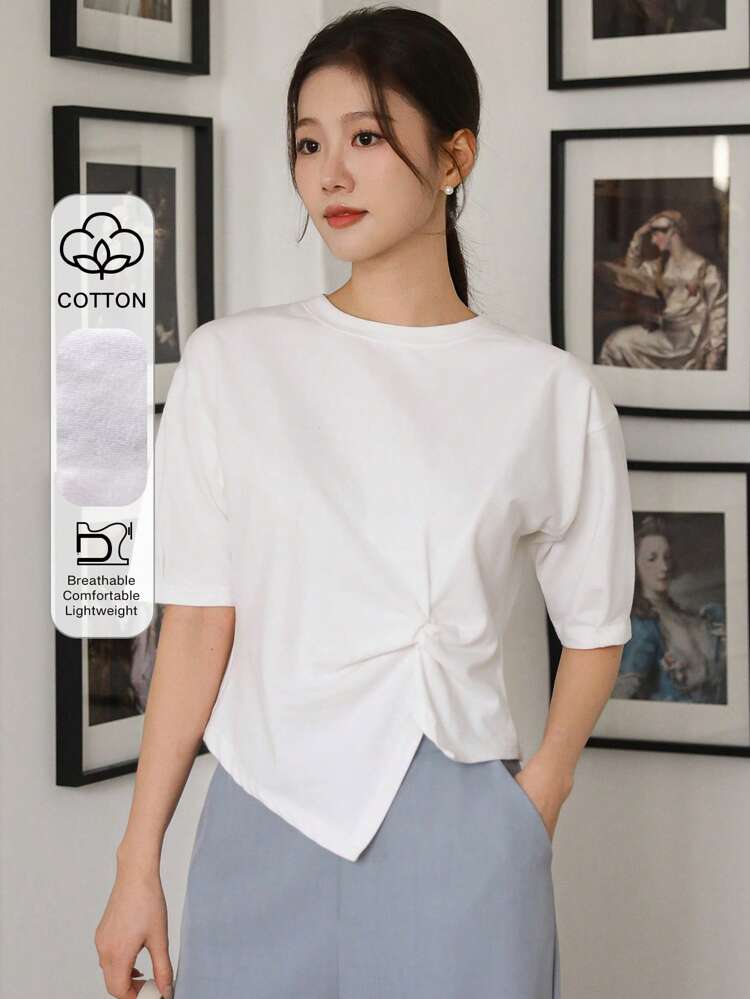 1pc Women Solid Color Fitted Short Sleeve Split Hem T-Shirt, Minimalist Fashion Casual Everyday Wear Summer Preppy Tops