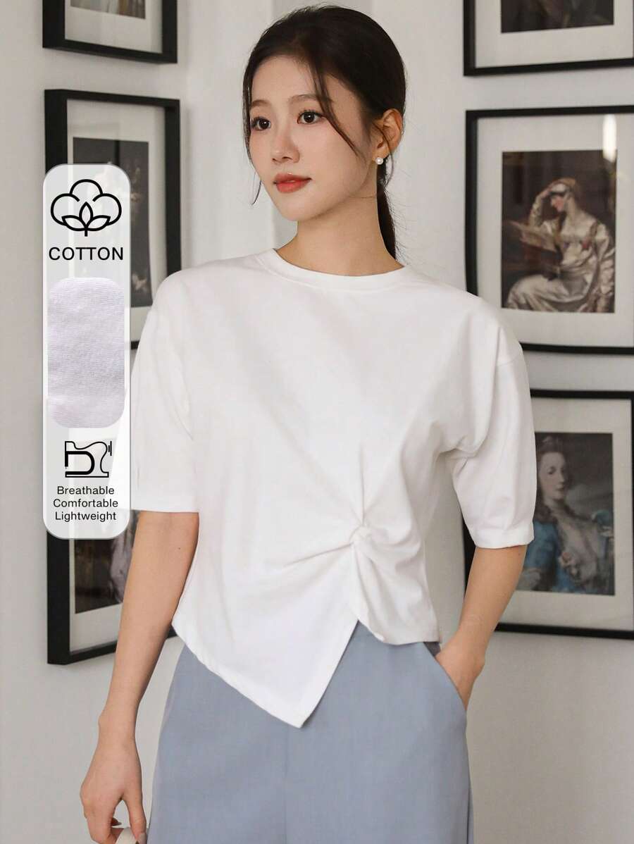 DAZY 1 件女式纯色修身短袖开衩 T 恤，简约时尚休闲日常穿着夏季学院风上衣 - 白色 - 查看 1