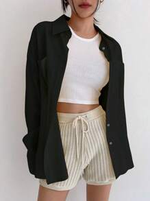 DAZY Loose Fit Drop Shoulder Shirt With Double Pockets Long Sleeve Top - Black - View 6