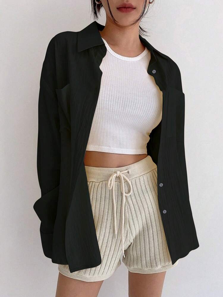 Loose Fit Drop Shoulder Shirt With Double Pockets Long Sleeve Top