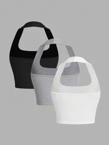 SHEIN EZwear 3pcs Women Casual Backless Ribbed Fabric Halter Tanks With Padded Bra, Suitable For Summer - Multicolor - View 2