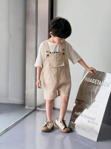 SHEIN 1pc Young Boy Casual College Style Comfortable Fashion Versatile Soft Green Plaid Fabric Soft Bib Pants, Suitable For Spring/Summer - Khaki - View 5