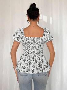 Chiquease Women's Fashion Elegant Ditsy Floral Ruffled Blouse - Black and White - View 2