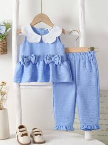 SHEIN 女婴蓝色牛仔效果无袖白色蕾丝领荷叶边下摆上衣适合日常外出和旅行 - 藍色 - 查看 3