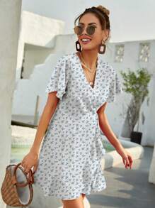 Breezaya Polka Dot Knot Side Wrap A-Line Dress Burgundy Color Women Outfit - Multicolor - View 3